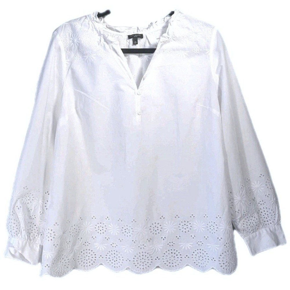 L Petite White Cotton Talbots Eyelet Embroidery Beach Wedding Photo 3/4 Sleeve